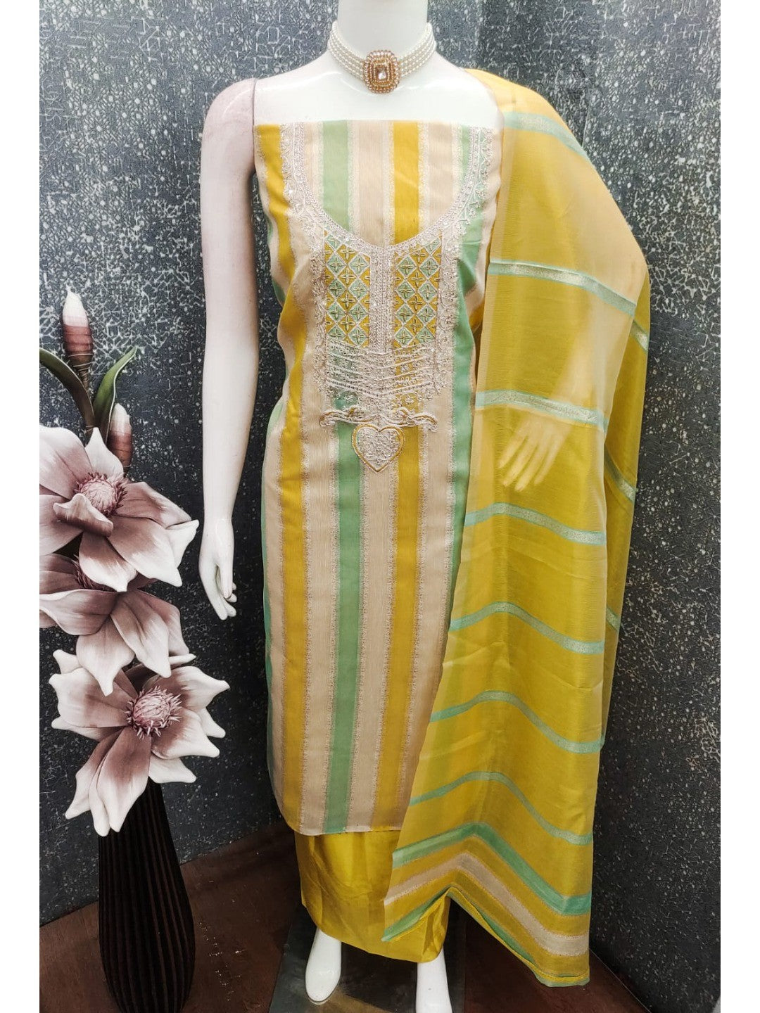 Radiant Yellow Striped Weaving Shimmer Dress Material With Elegant Cording Embroidery Work - Image 2