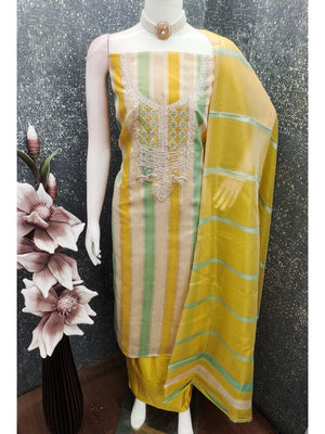 Radiant Yellow Striped Weaving Shimmer Dress Material With Elegant Cording Embroidery Work - Image 2