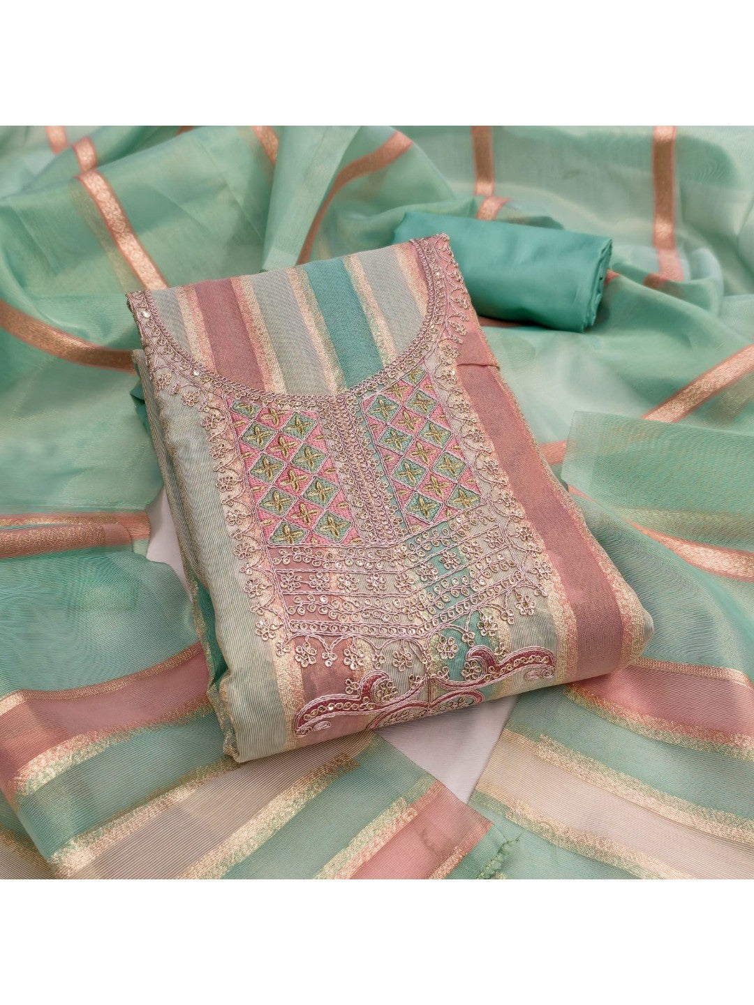 Radiant Green Striped Weaving Shimmer Dress Material With Elegant Cording Embroidery Work - Image 5