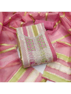 Radiant Pink Striped Weaving Shimmer Dress Material With Elegant Cording Embroidery Work - Image 1