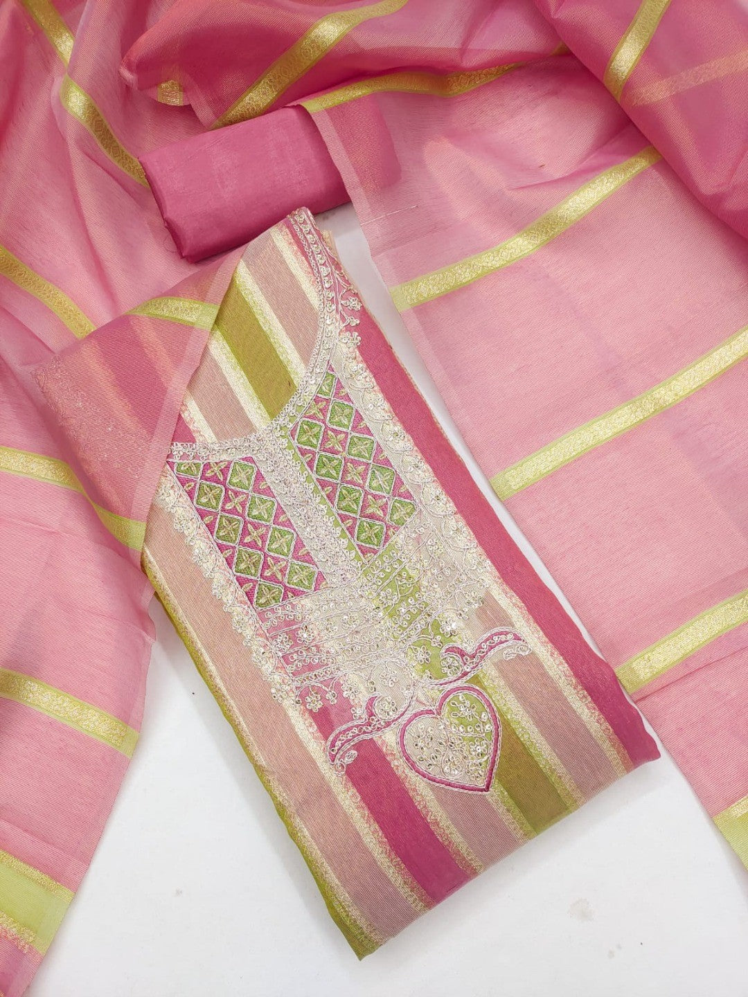 Radiant Pink Striped Weaving Shimmer Dress Material With Elegant Cording Embroidery Work - Image 4