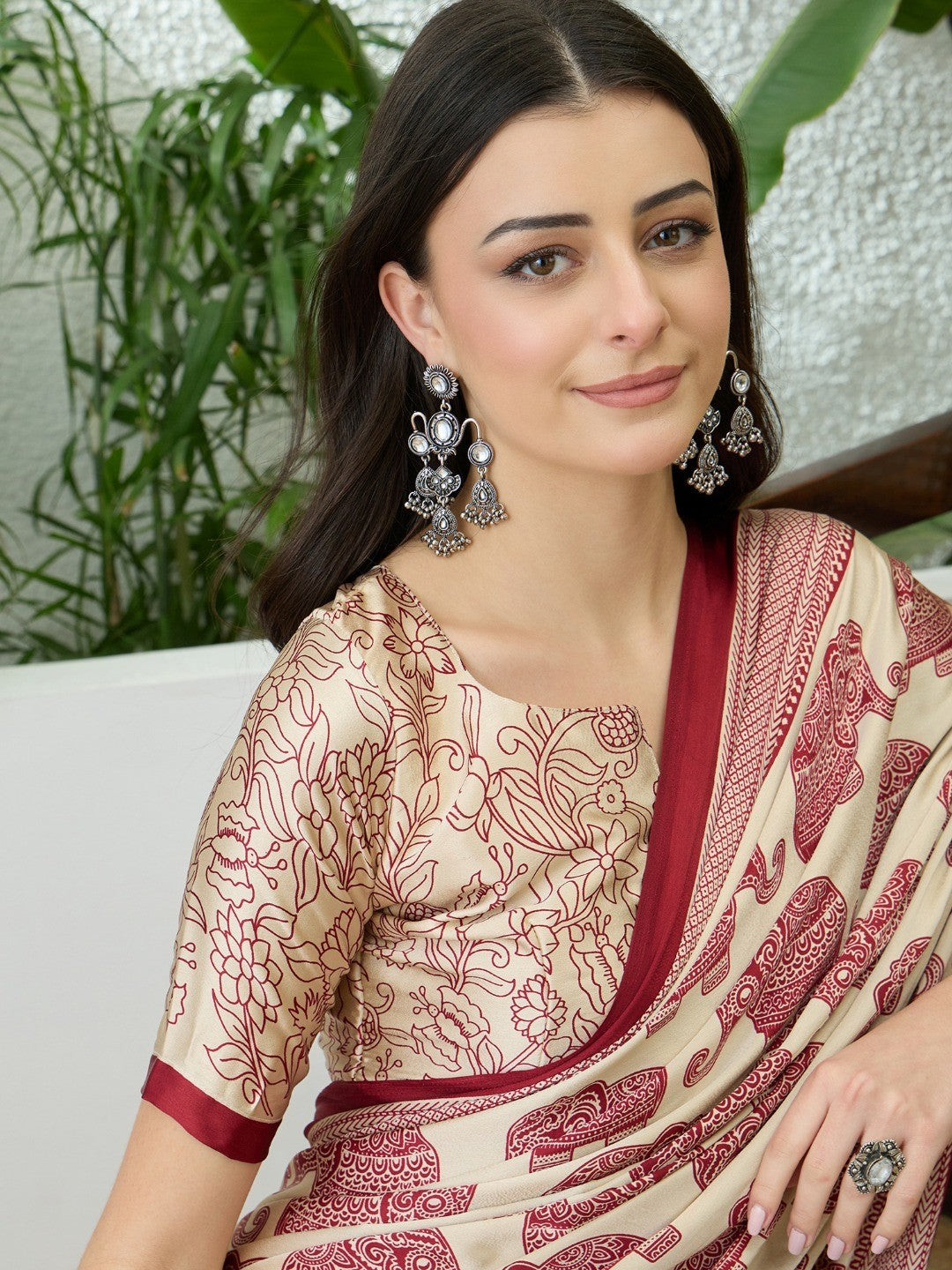 Premium Cream Satin Saree With Artistic Elephant Print And Tassel Pallu Accent - Image 4