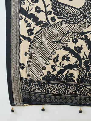 Cream Satin Saree with Elephant Print and Black Border - Image 2