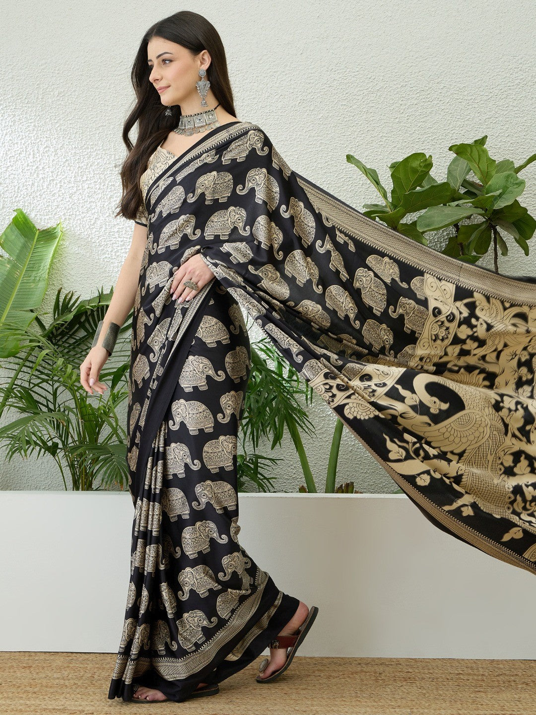 Premium Black Satin Saree With Artistic Elephant Print And Tassel Pallu Accent - Image 6