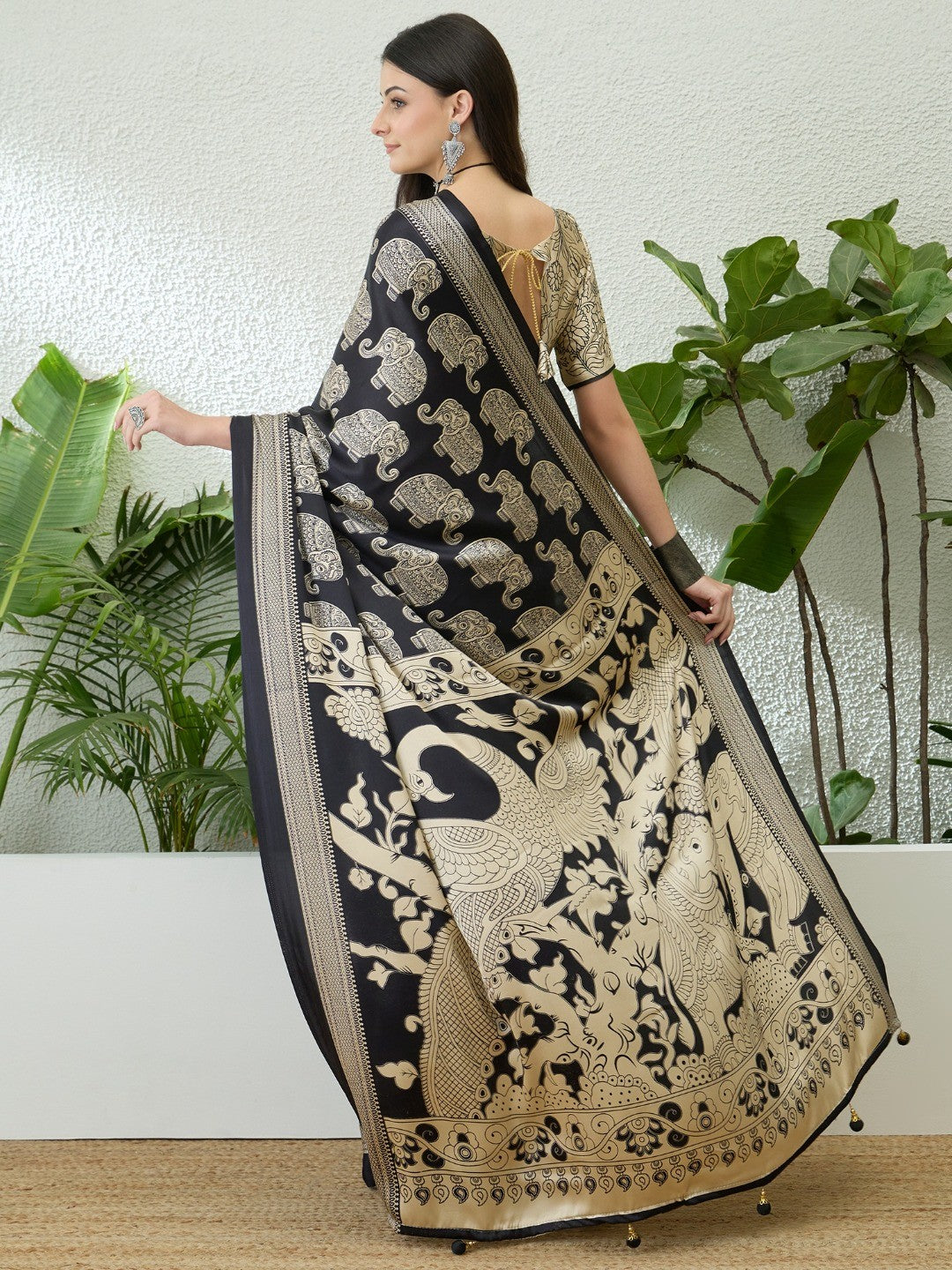 Premium Black Satin Saree With Artistic Elephant Print And Tassel Pallu Accent - Image 4