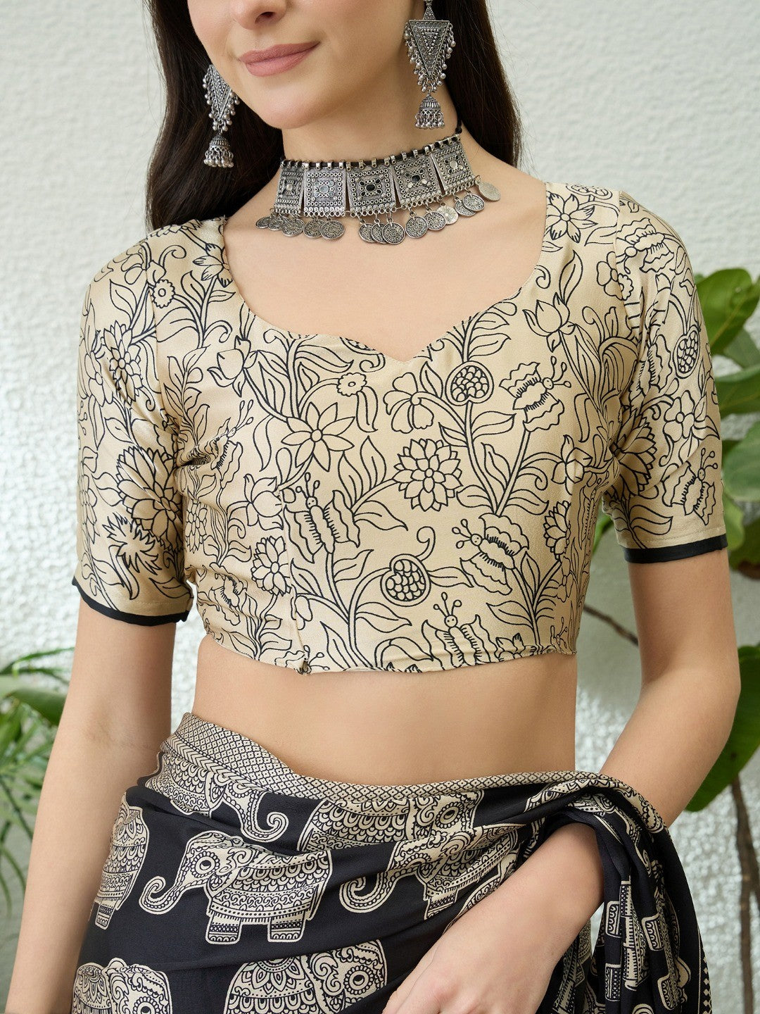 Premium Black Satin Saree With Artistic Elephant Print And Tassel Pallu Accent - Image 3