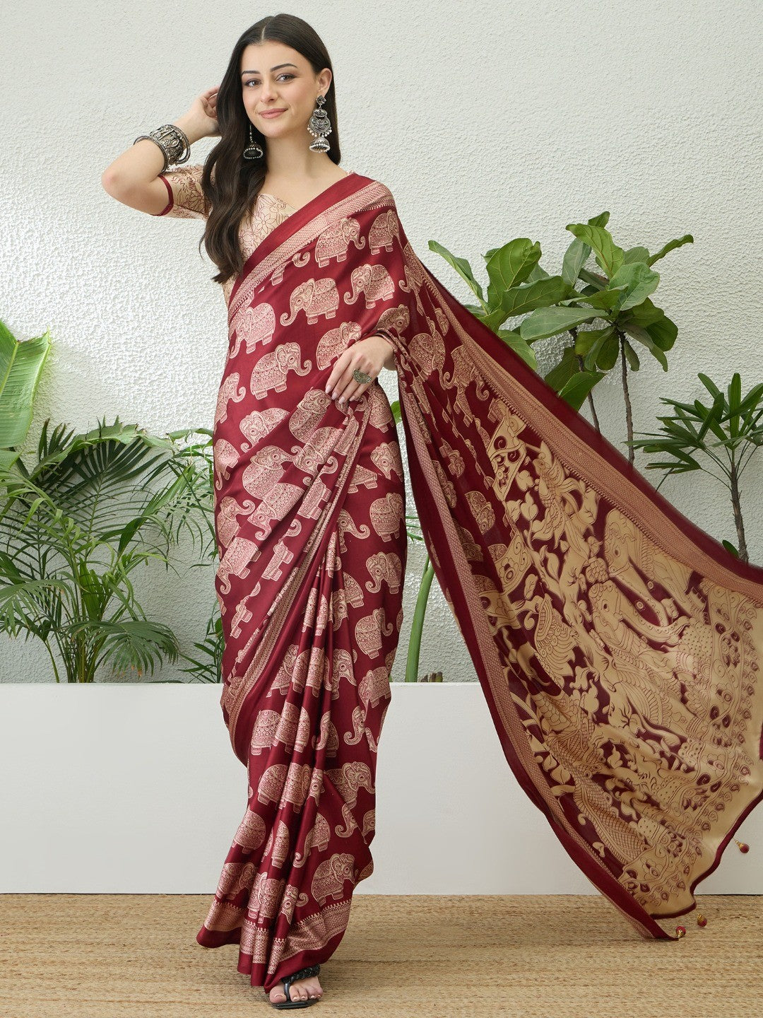 Fashionable Red Satin Saree with Artistic Abstract Printed Pattern - Image 1