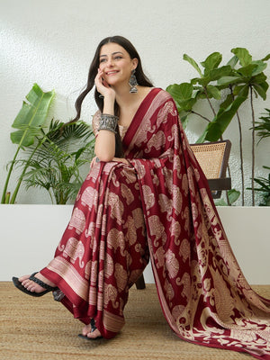 Fashionable Red Satin Saree with Artistic Abstract Printed Pattern - Image 2