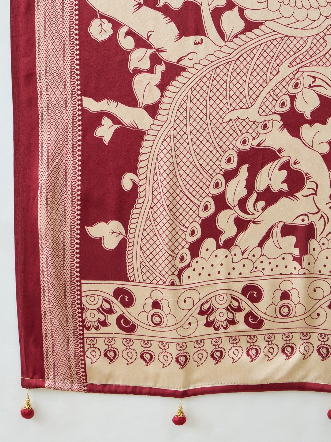 Fashionable Red Satin Saree with Artistic Abstract Printed Pattern - Image 2
