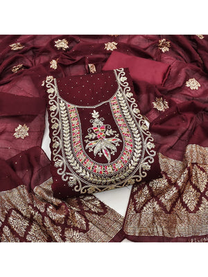 Classic Maroon Floral Cording Embroidered Vichitra Silk Dress Material With Sequins & Swarovski Work - Image 2