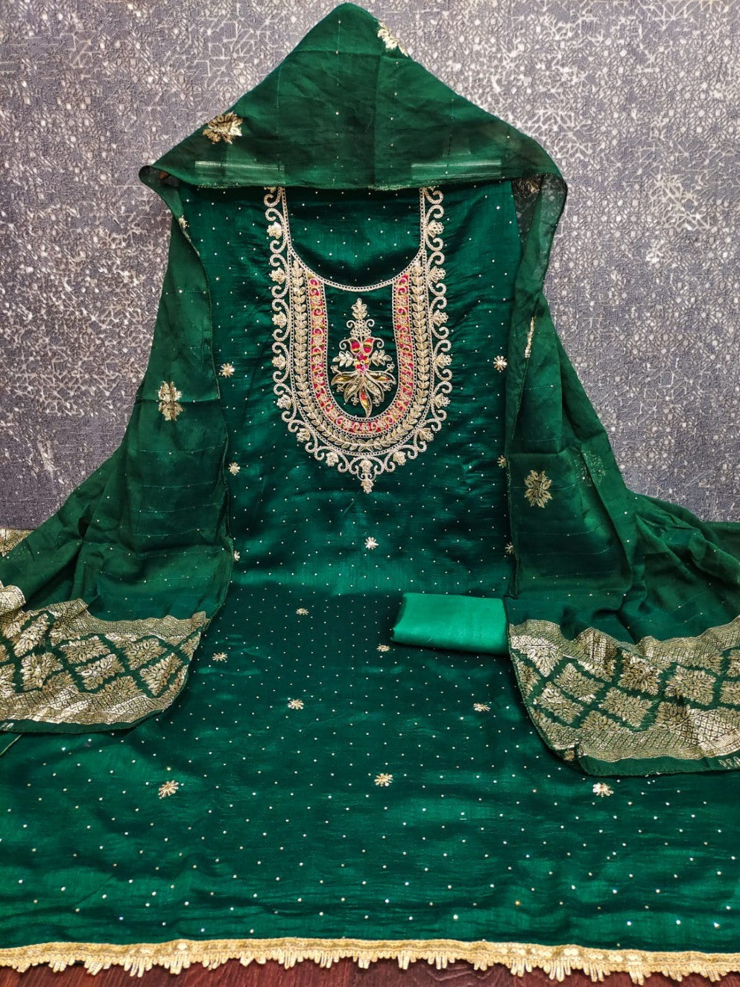 Classic Green Floral Cording Embroidered Vichitra Silk Dress Material With Sequins & Swarovski Work - Image 5