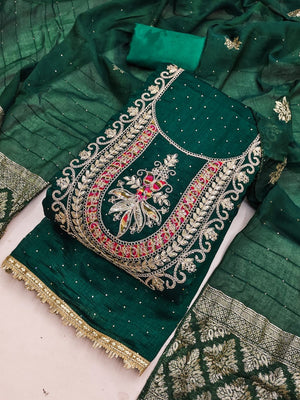 Classic Green Floral Cording Embroidered Vichitra Silk Dress Material With Sequins & Swarovski Work - Image 1