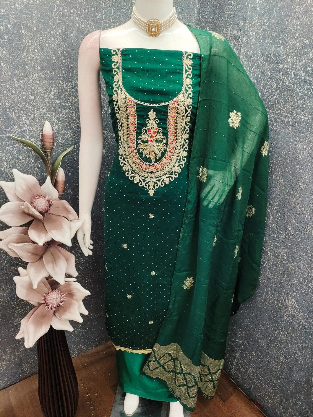 Classic Green Floral Cording Embroidered Vichitra Silk Dress Material With Sequins & Swarovski Work - Image 6