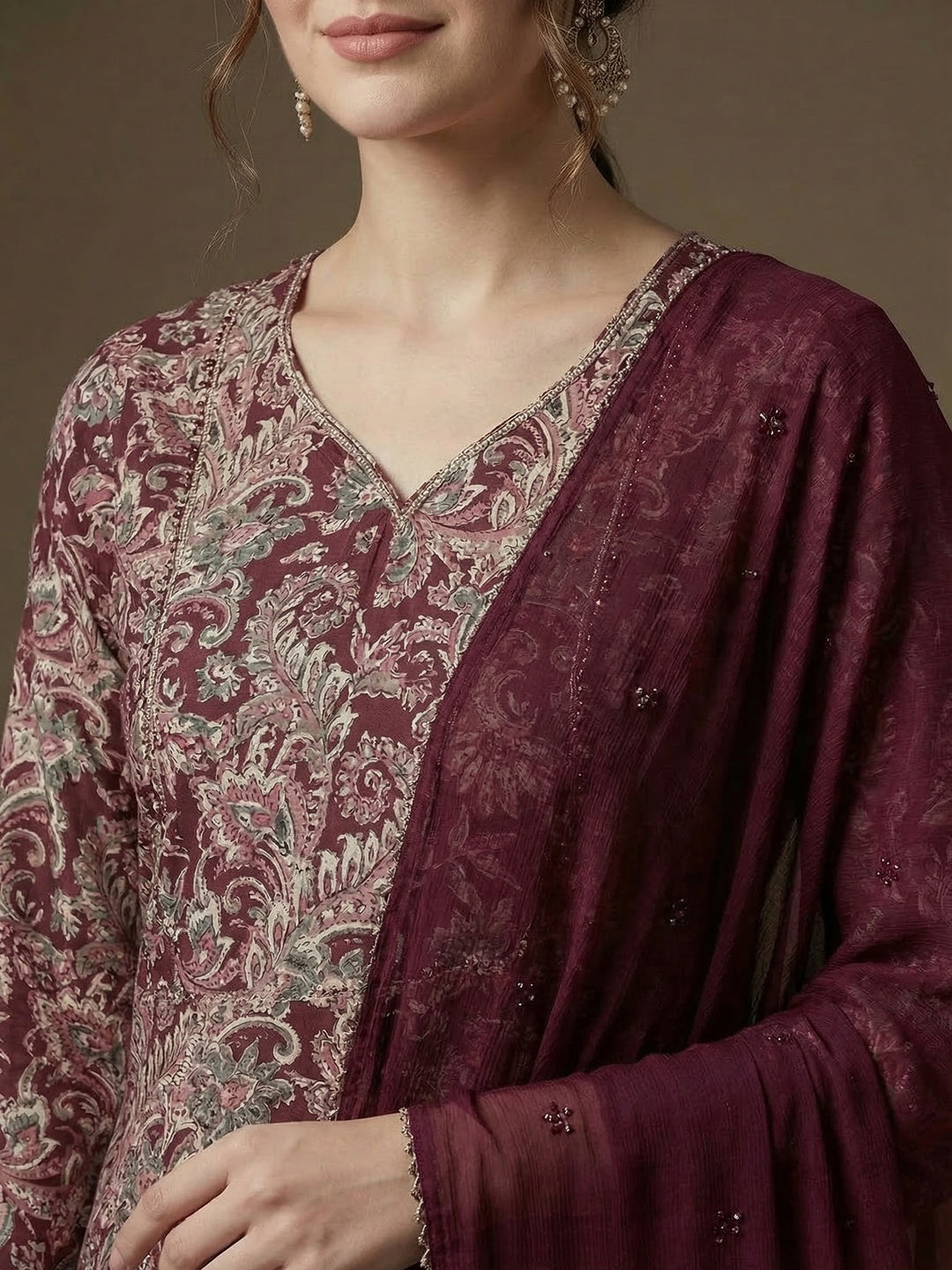 Women’s Festive Wine Printed Rayon Kurta Set with Dupatta - Image 4