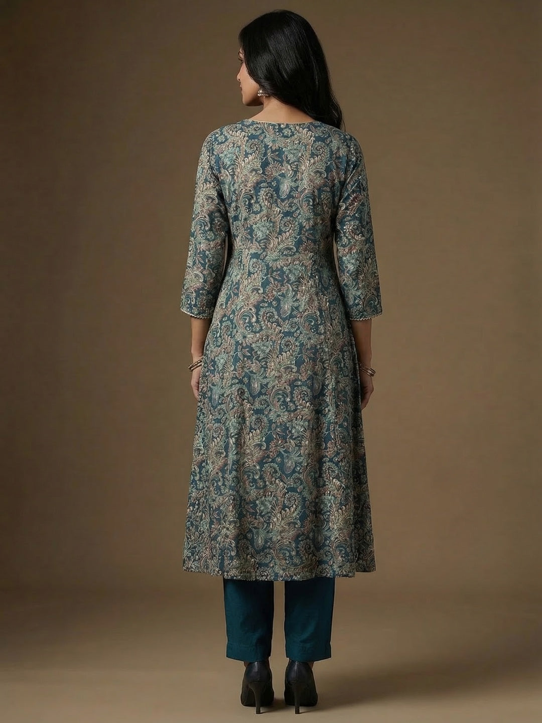 Festive Wear Teal Rayon Paisley Printed A-Line Kurta Salwar Suit with Dupatta - Image 4