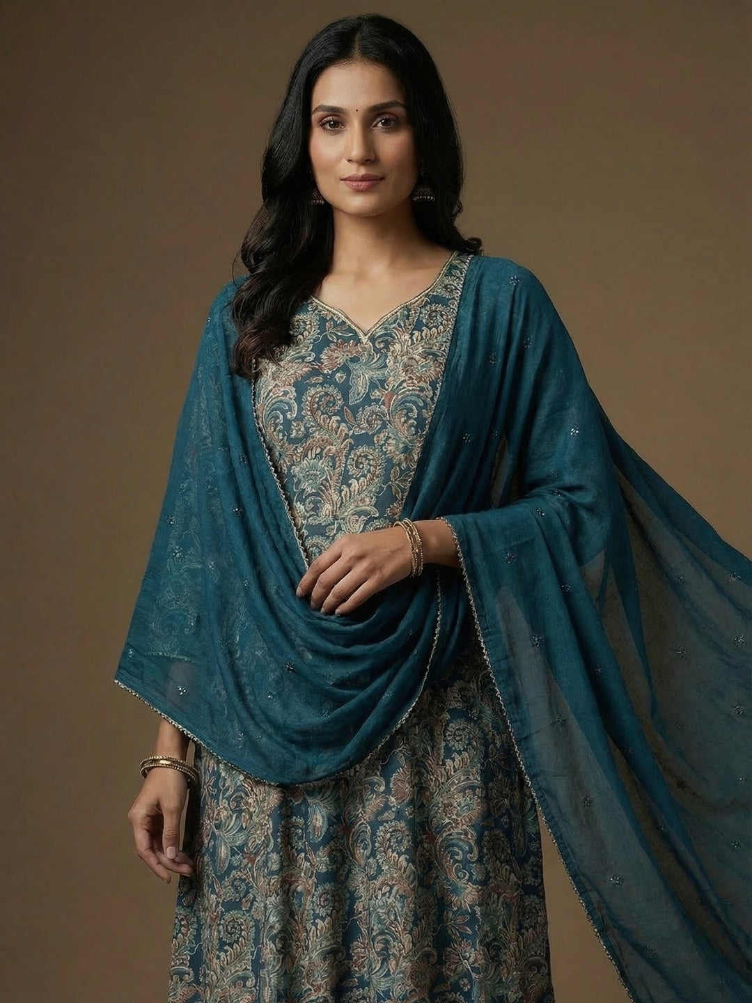 Festive Wear Teal Rayon Paisley Printed A-Line Kurta Salwar Suit with Dupatta - Image 3
