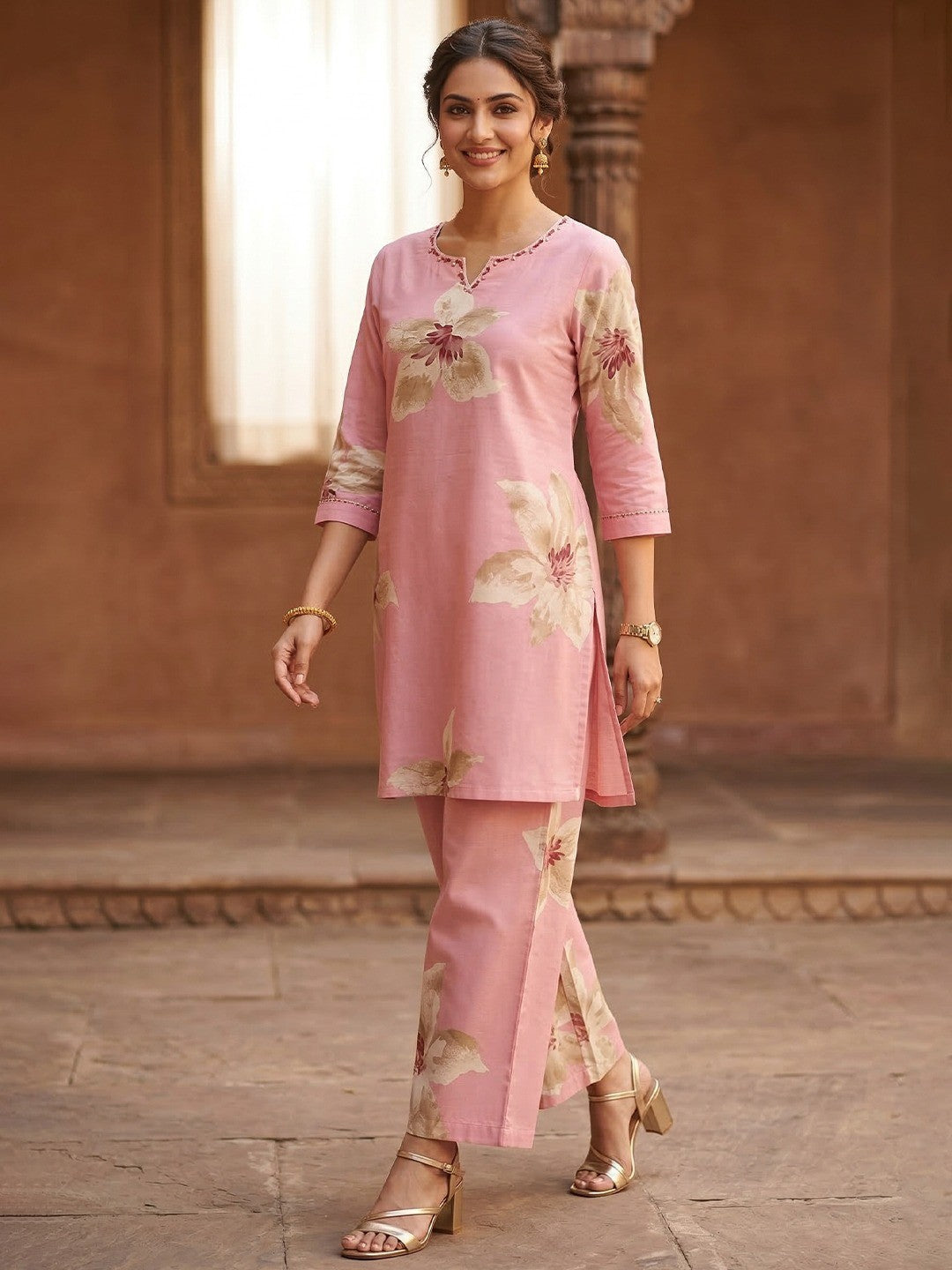 Pink Floral Printed Pure Cotton Co-Ord Set for Casual Ethnic Styling - Image 1