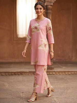 Pink Floral Printed Pure Cotton Co-Ord Set for Casual Ethnic Styling - Image 1