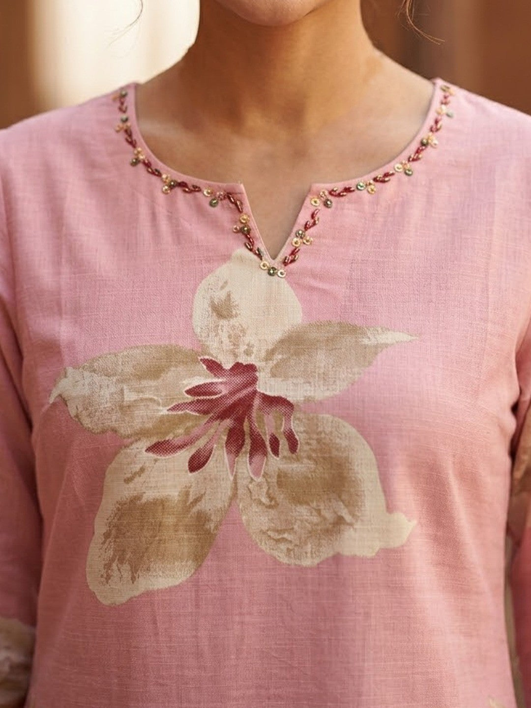 Pink Floral Printed Pure Cotton Co-Ord Set for Casual Ethnic Styling - Image 4