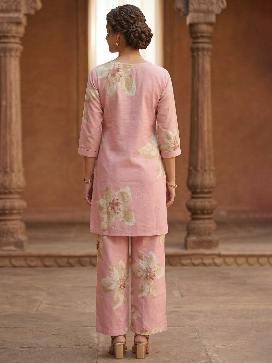 Pink Floral Printed Pure Cotton Co-Ord Set for Casual Ethnic Styling - Image 3
