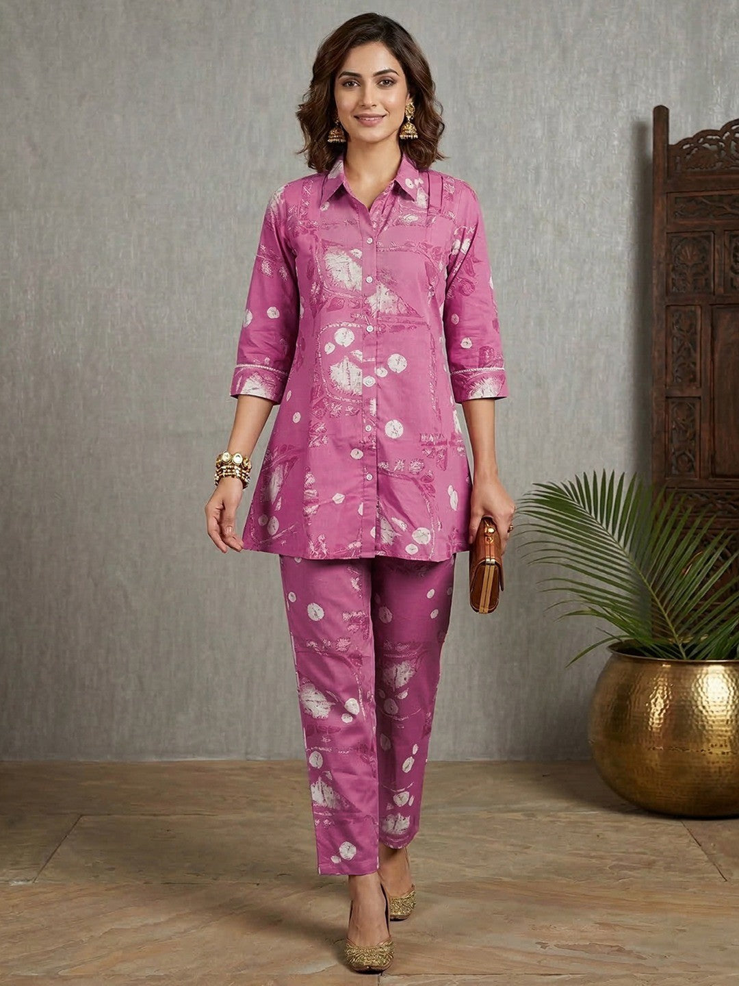 Pink Pure Cotton Co-Ord Set with Modern Abstract Print Pattern - Image 1