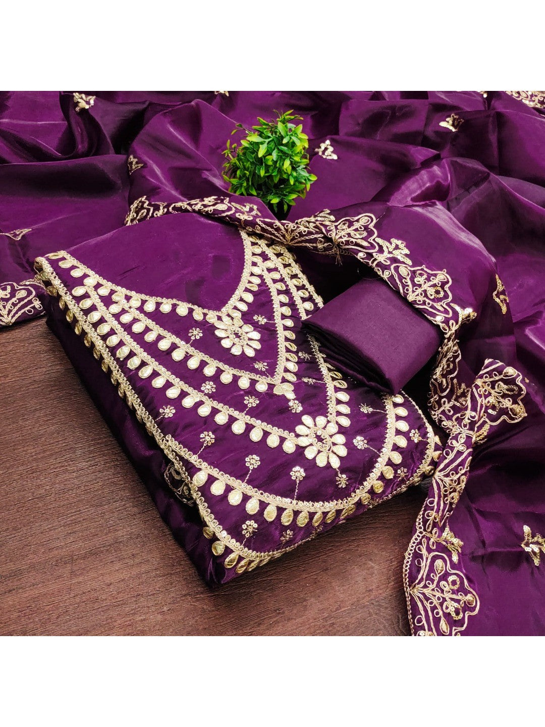 Stunning Purple Floral Art Silk Dress Material Adorned With Gota Patti & Sequins Embroidery - Image 5
