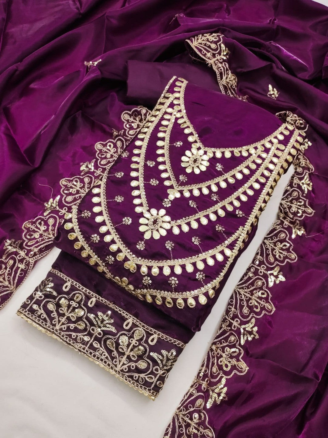 Stunning Purple Floral Art Silk Dress Material Adorned With Gota Patti & Sequins Embroidery - Image 4