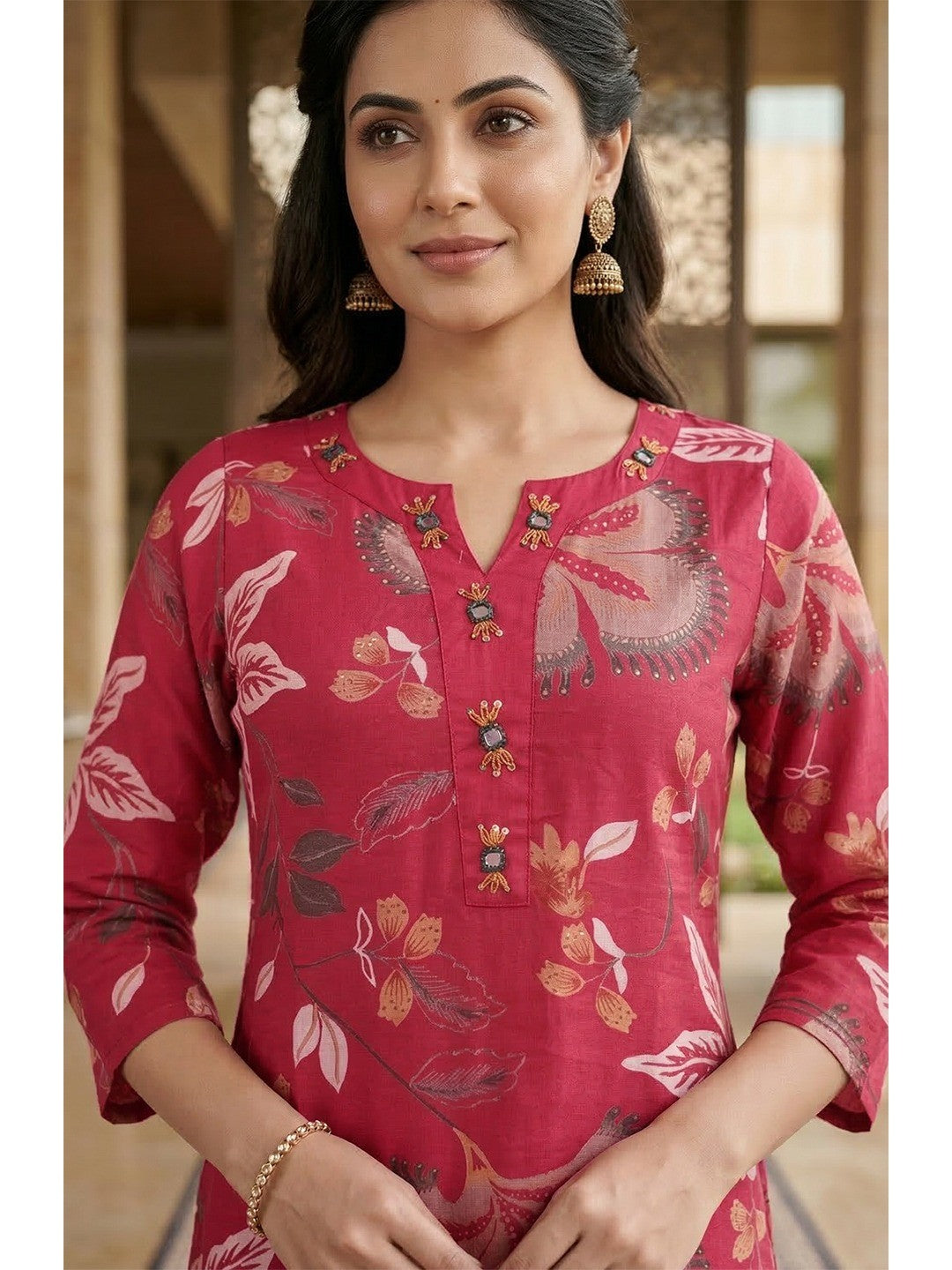 Rani Pink Viscose Floral Print Straight Cut Salwar Suit Set for Effortless Traditional Fashion - Image 4