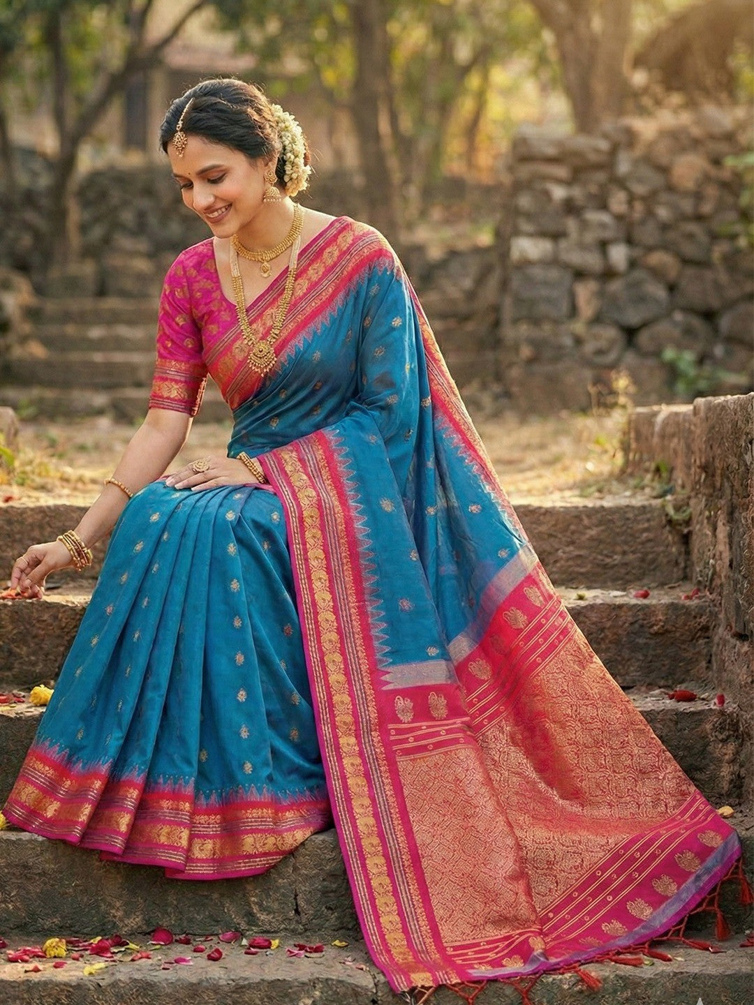 Ethnic Blue Silk Blend Saree with Graceful Pink Border Finish - Image 3