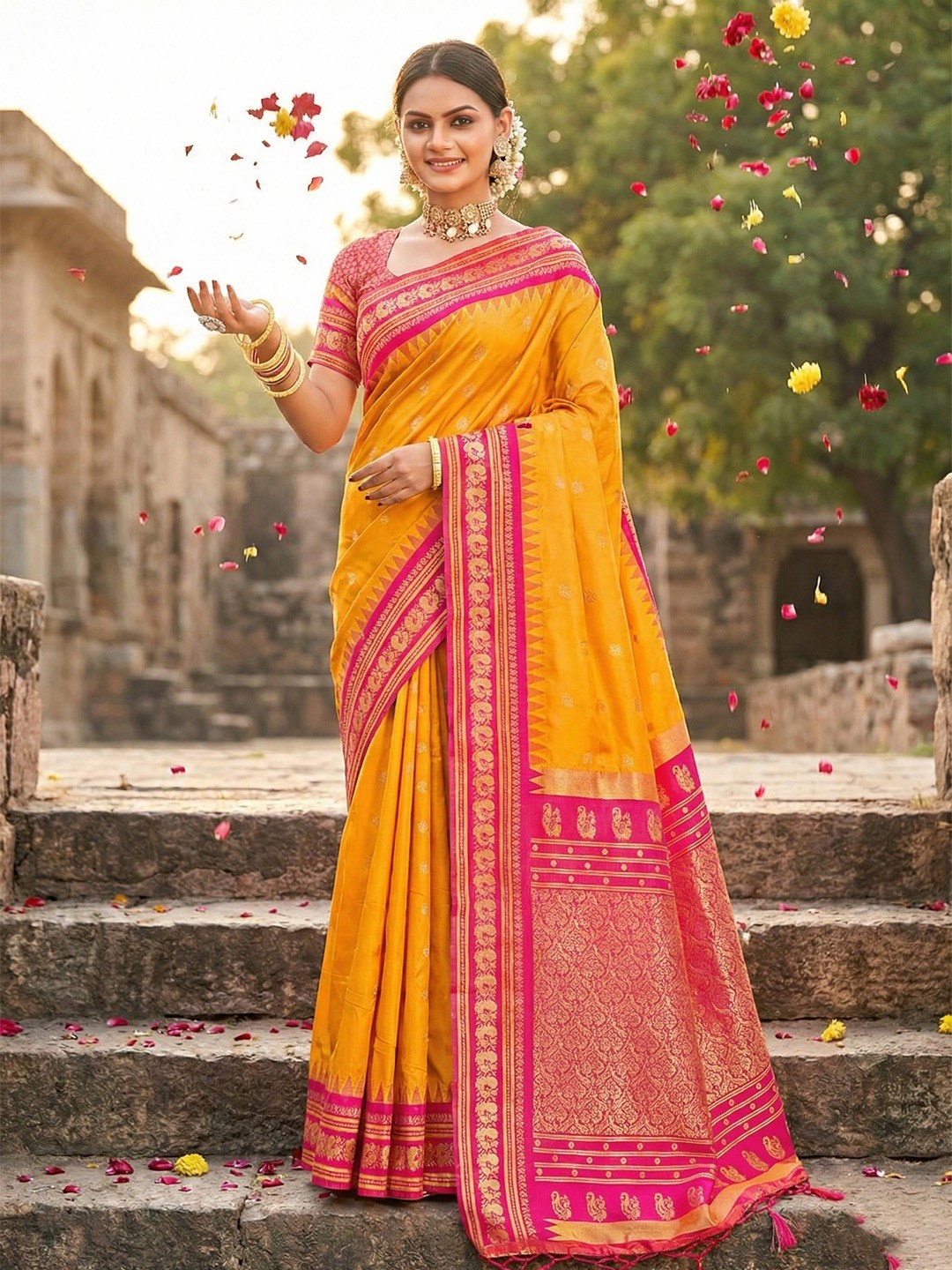 Elegant Yellow Silk Blend Saree with Pink Border Detailing - Image 1