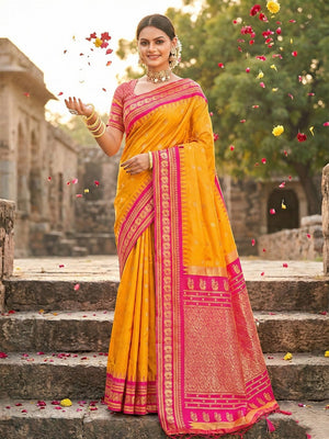 Elegant Yellow Silk Blend Saree with Pink Border Detailing - Image 1