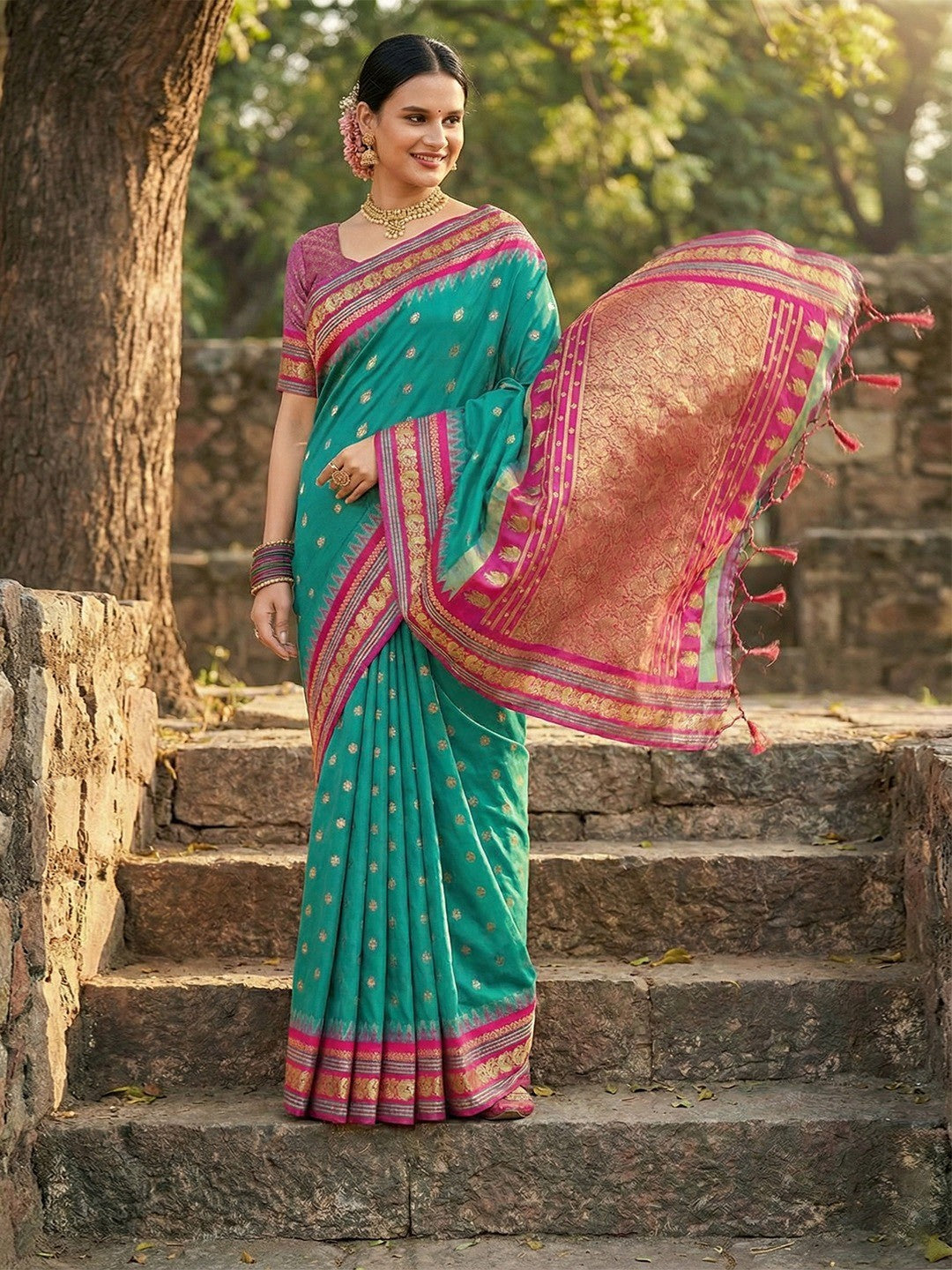 Ethnic Sea Green Silk Blend Saree with Graceful Pink Border Finish - Image 3