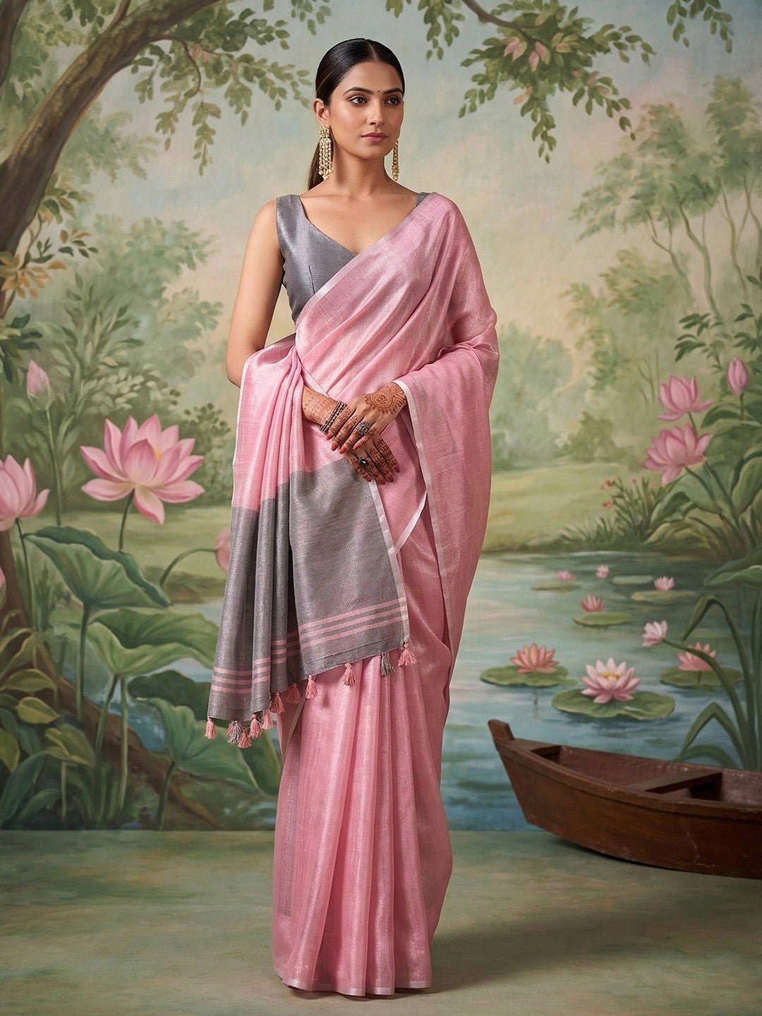 Modern Pink Tissue Saree with Elegant Grey Border and Stylish Tassels - Image 1