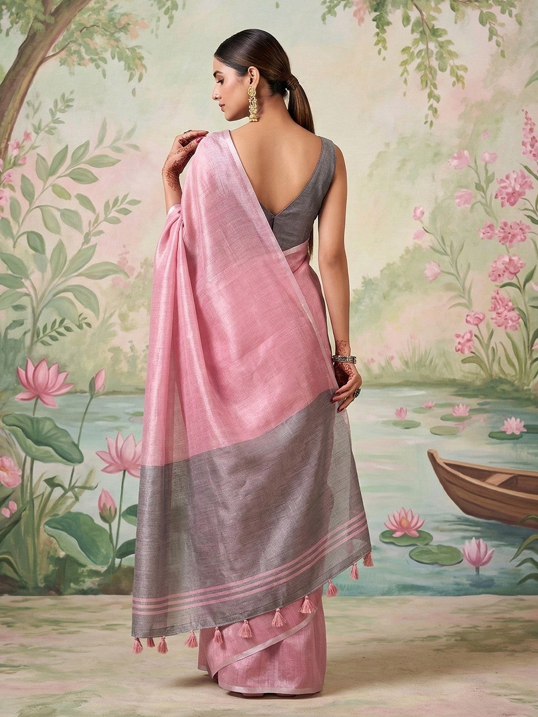 Modern Pink Tissue Saree with Elegant Grey Border and Stylish Tassels - Image 2