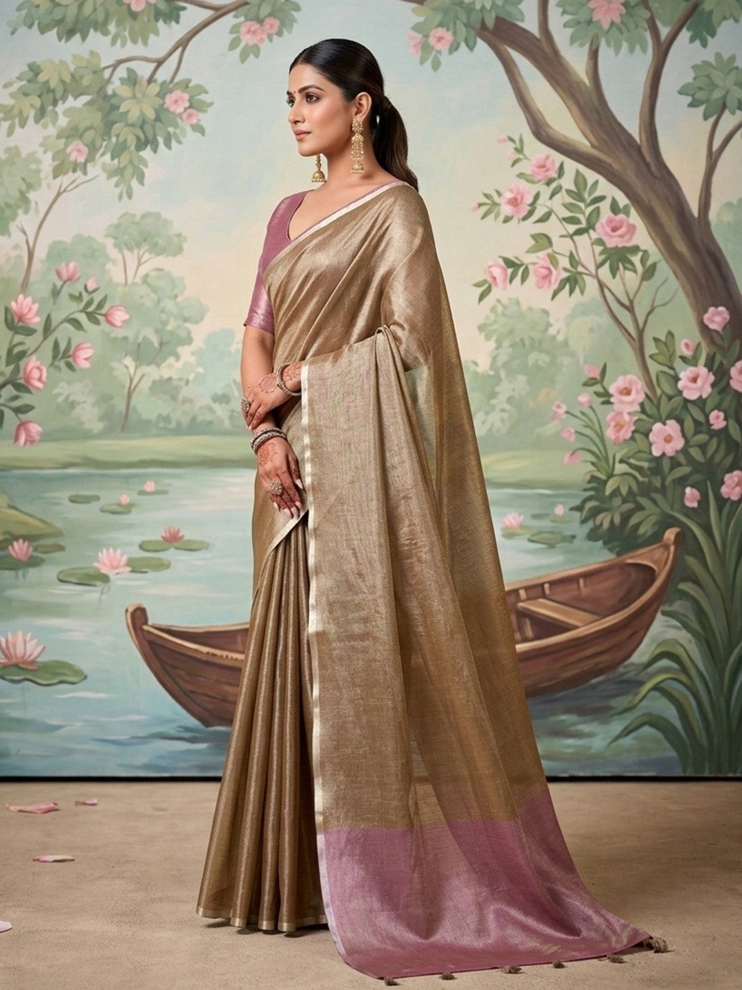 Elegant Brown Tissue Saree with Subtle Sheen and Border Detail - Image 2