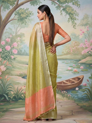 Lime Green Tissue Saree with Silver Border and Peach Accents - Image 2