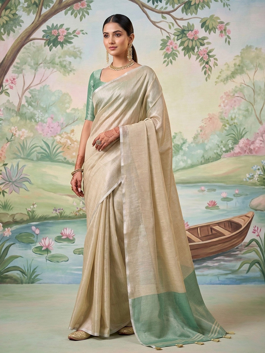 Modern Beige Tissue Saree with Elegant Sea Green Border and Stylish Tassels - Image 1