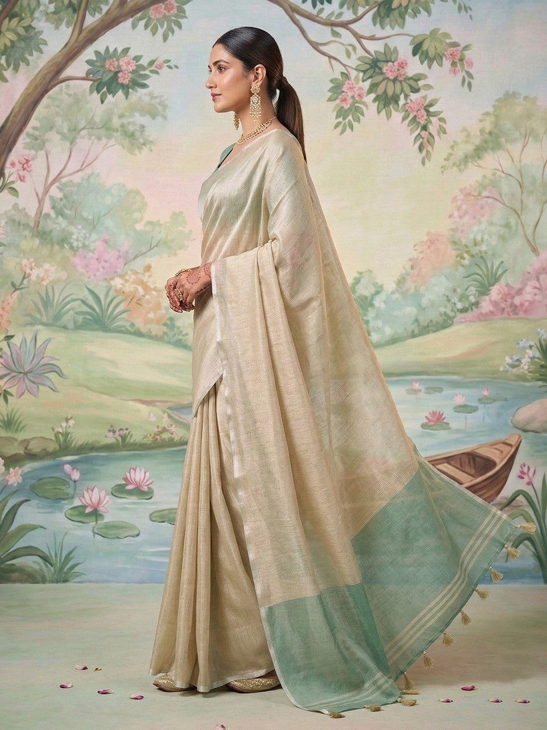 Modern Beige Tissue Saree with Elegant Sea Green Border and Stylish Tassels - Image 2
