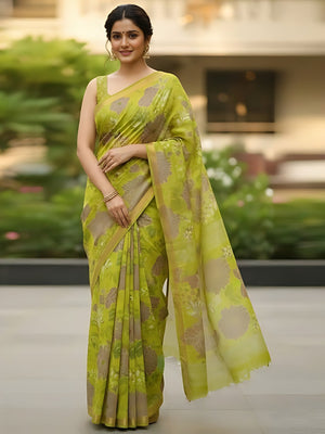 Elegant Green Floral Printed Linen Saree with Zari Border - Image 1