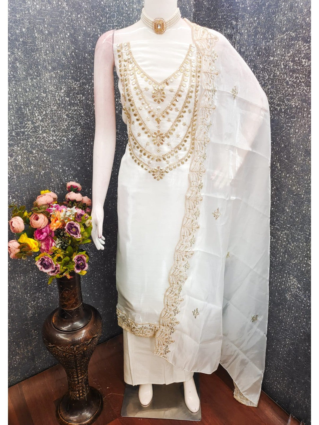 Stunning White Floral Art Silk Dress Material Adorned With Gota Patti & Sequins Embroidery - Image 2