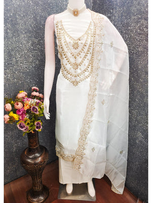 Stunning White Floral Art Silk Dress Material Adorned With Gota Patti & Sequins Embroidery - Image 2