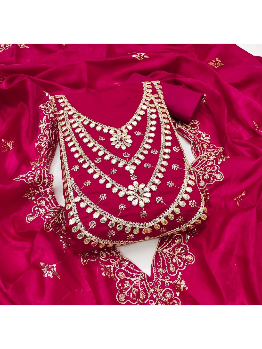 Stunning Rani Pink Floral Art Silk Dress Material Adorned With Gota Patti & Sequins Embroidery - Image 5