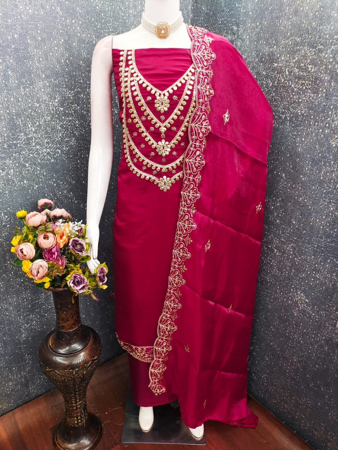 Stunning Rani Pink Floral Art Silk Dress Material Adorned With Gota Patti & Sequins Embroidery - Image 2