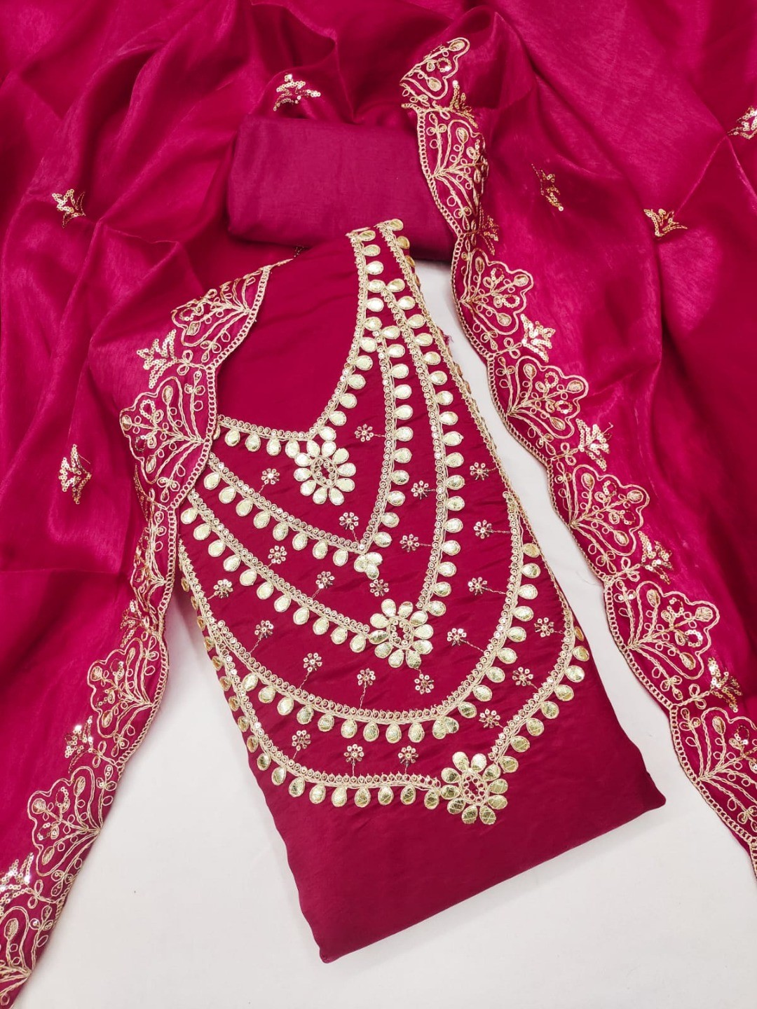 Stunning Rani Pink Floral Art Silk Dress Material Adorned With Gota Patti & Sequins Embroidery - Image 4