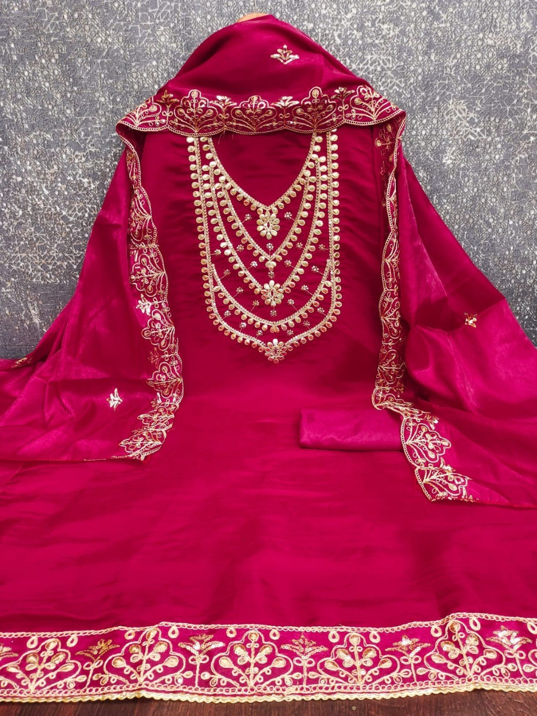 Stunning Rani Pink Floral Art Silk Dress Material Adorned With Gota Patti & Sequins Embroidery - Image 3