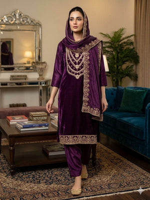 Stunning Purple Floral Art Silk Dress Material Adorned With Gota Patti & Sequins Embroidery - Image 1