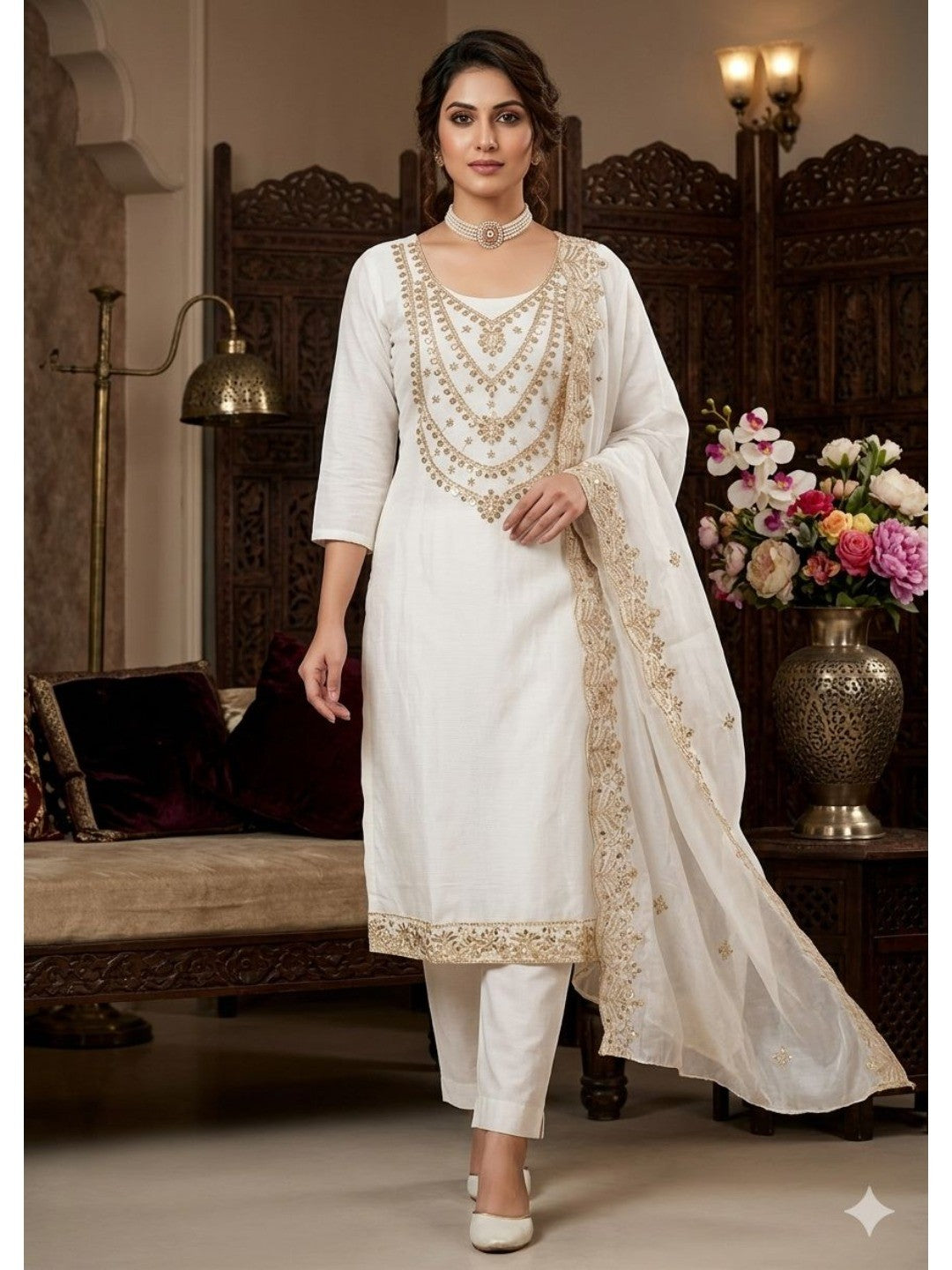 Stunning White Floral Art Silk Dress Material Adorned With Gota Patti & Sequins Embroidery - Image 1