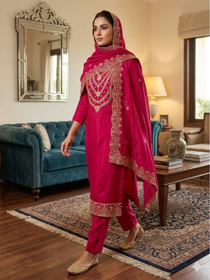 Stunning Rani Pink Floral Art Silk Dress Material Adorned With Gota Patti & Sequins Embroidery - Image 1