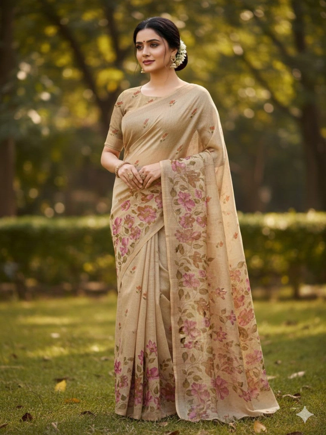 Cream Floral Printed Cotton Silk Saree for Festive Occasions - Image 1
