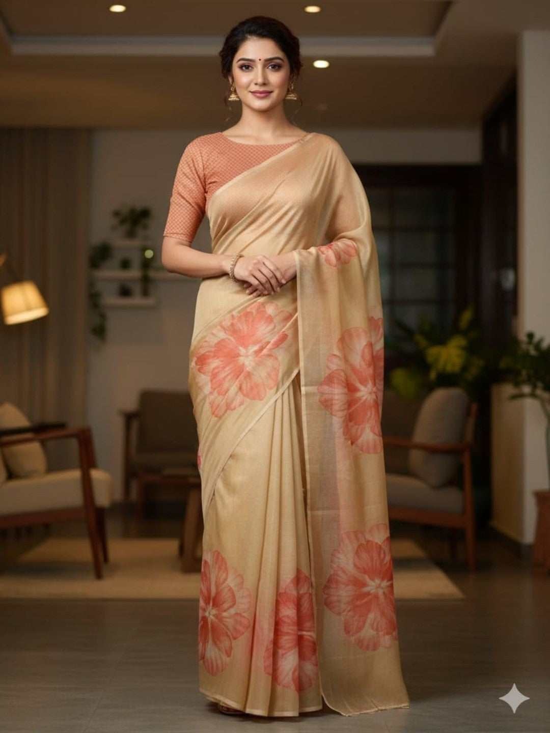 Elegant Chikoo Cotton Silk Saree with Floral Print for Festive Occasions - Image 1